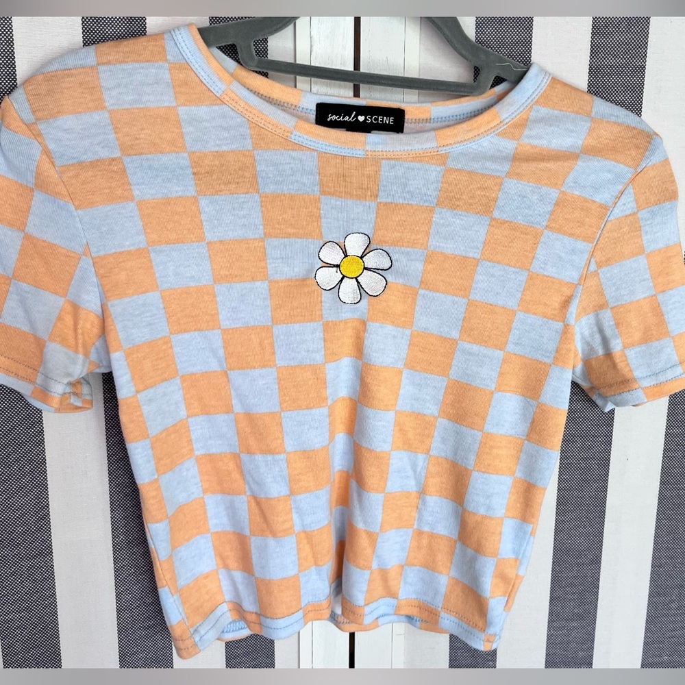Orange Checkerboard Crop Top with Flower